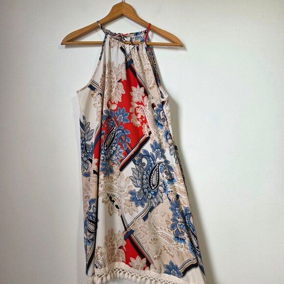NEVER WORN SHEIN HALTER FRINGED BOHO PAISLEY HANKY SHORT DRESS SZ LARGE - Picture 1 of 14